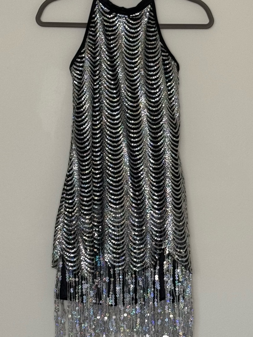 Weissman Black Dress with Silver Sequin Wave & Fringe